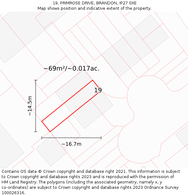 19, PRIMROSE DRIVE, BRANDON, IP27 0XE: Plot and title map
