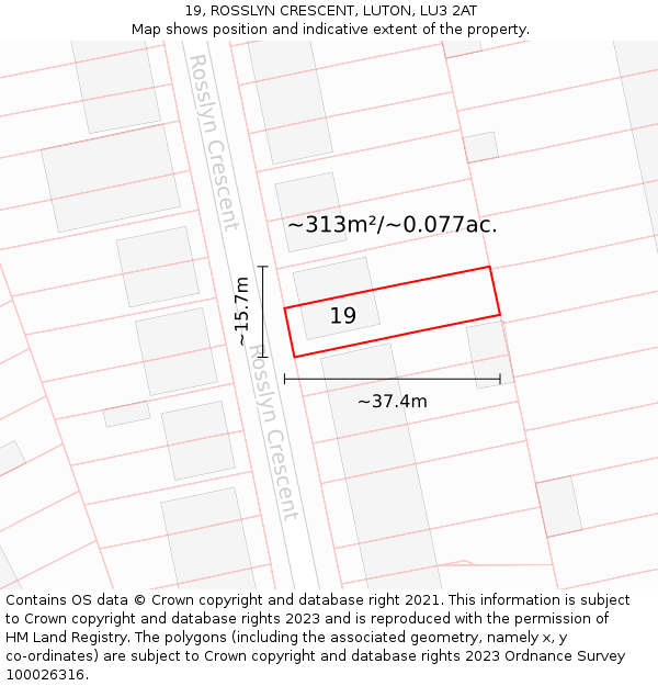 19, ROSSLYN CRESCENT, LUTON, LU3 2AT: Plot and title map