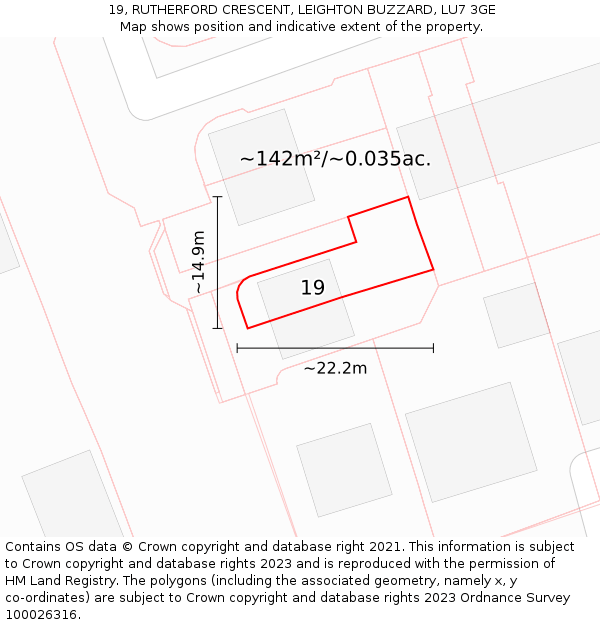 19, RUTHERFORD CRESCENT, LEIGHTON BUZZARD, LU7 3GE: Plot and title map