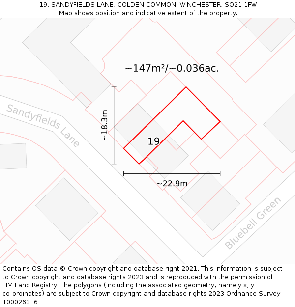 19, SANDYFIELDS LANE, COLDEN COMMON, WINCHESTER, SO21 1FW: Plot and title map
