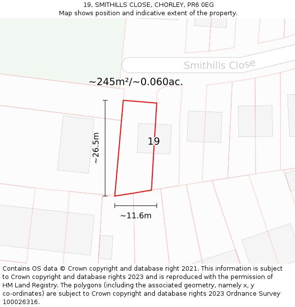 19, SMITHILLS CLOSE, CHORLEY, PR6 0EG: Plot and title map