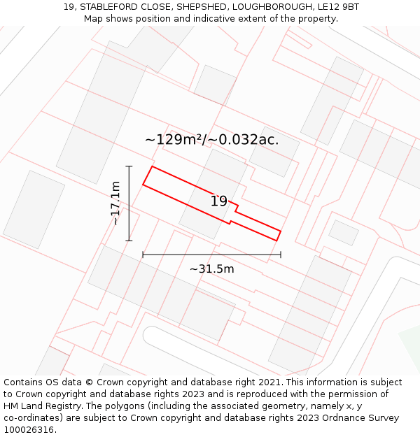 19, STABLEFORD CLOSE, SHEPSHED, LOUGHBOROUGH, LE12 9BT: Plot and title map