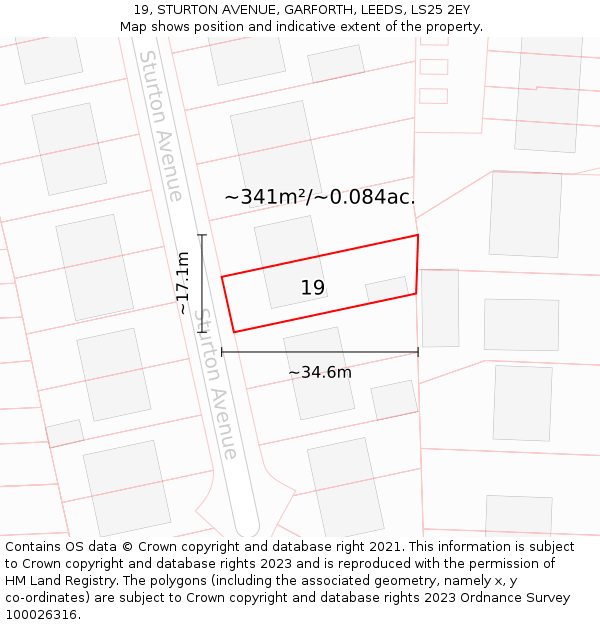 19, STURTON AVENUE, GARFORTH, LEEDS, LS25 2EY: Plot and title map