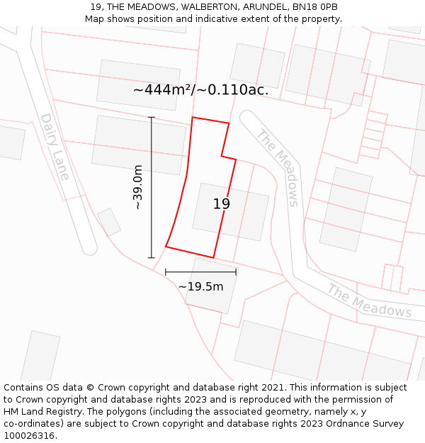 19, THE MEADOWS, WALBERTON, ARUNDEL, BN18 0PB: Plot and title map
