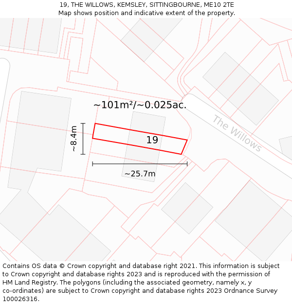 19, THE WILLOWS, KEMSLEY, SITTINGBOURNE, ME10 2TE: Plot and title map