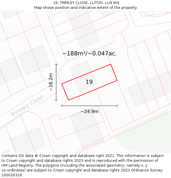 19, TRIMLEY CLOSE, LUTON, LU4 9HJ: Plot and title map