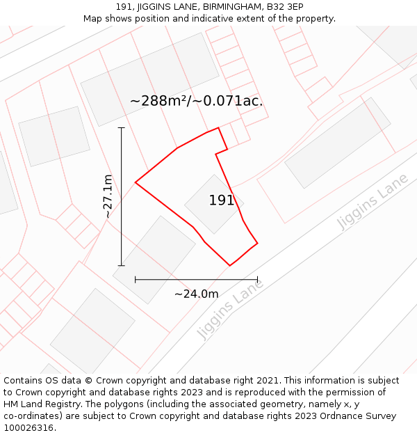 191, JIGGINS LANE, BIRMINGHAM, B32 3EP: Plot and title map