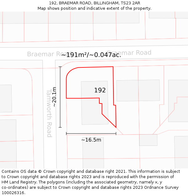 192, BRAEMAR ROAD, BILLINGHAM, TS23 2AR: Plot and title map