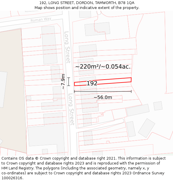 192, LONG STREET, DORDON, TAMWORTH, B78 1QA: Plot and title map