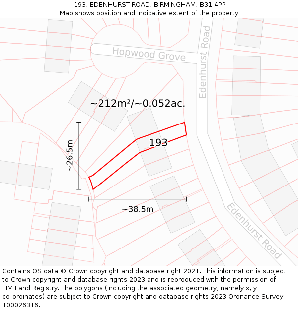 193, EDENHURST ROAD, BIRMINGHAM, B31 4PP: Plot and title map