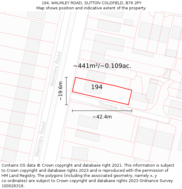 194, WALMLEY ROAD, SUTTON COLDFIELD, B76 2PY: Plot and title map