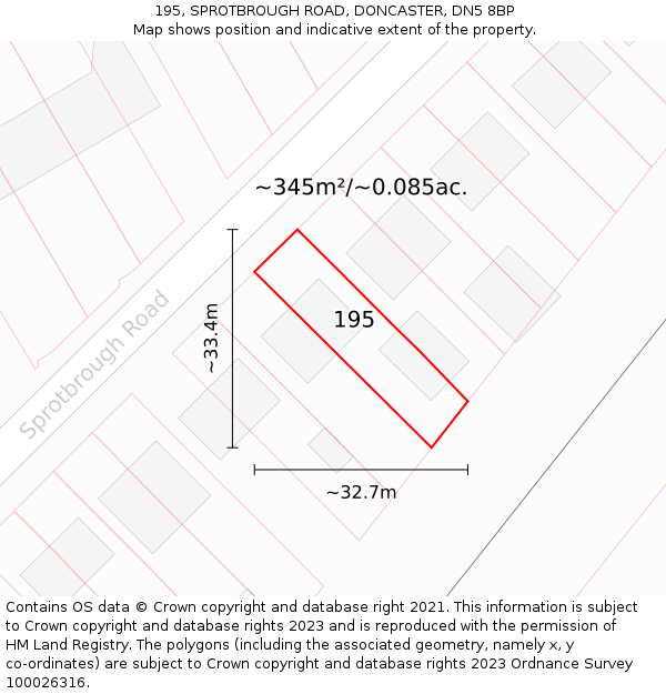 195, SPROTBROUGH ROAD, DONCASTER, DN5 8BP: Plot and title map