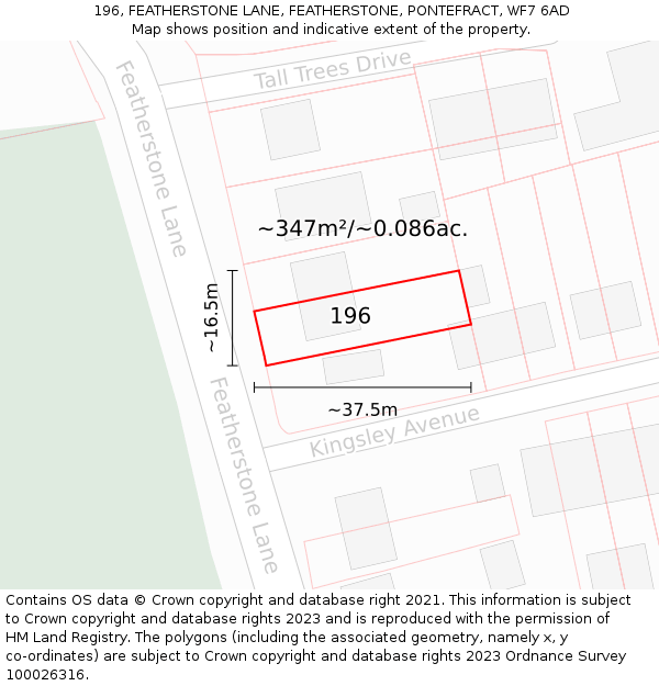 196, FEATHERSTONE LANE, FEATHERSTONE, PONTEFRACT, WF7 6AD: Plot and title map