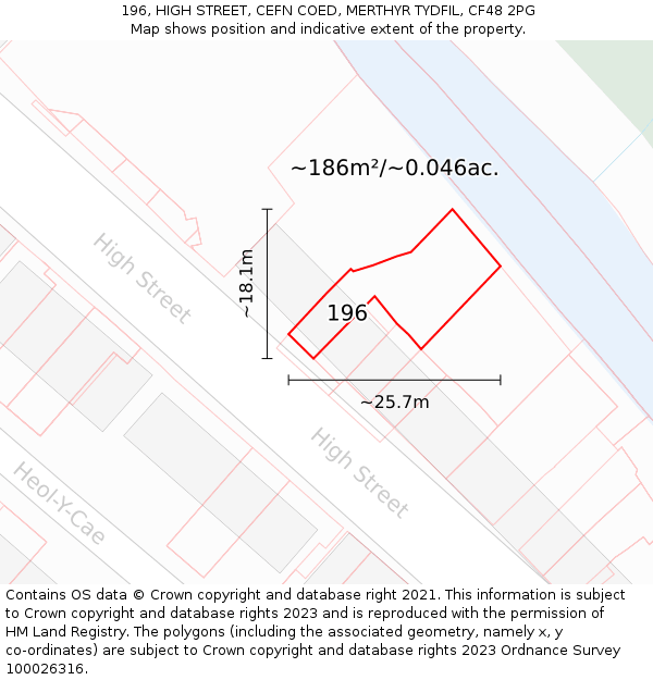 196, HIGH STREET, CEFN COED, MERTHYR TYDFIL, CF48 2PG: Plot and title map