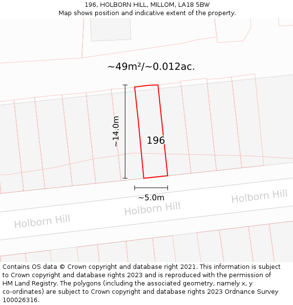 196, HOLBORN HILL, MILLOM, LA18 5BW: Plot and title map