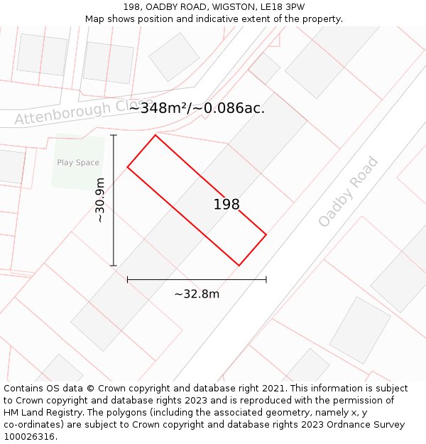 198, OADBY ROAD, WIGSTON, LE18 3PW: Plot and title map