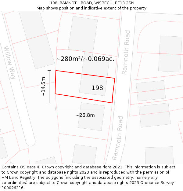 198, RAMNOTH ROAD, WISBECH, PE13 2SN: Plot and title map