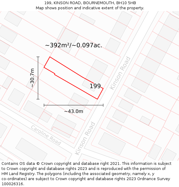 199, KINSON ROAD, BOURNEMOUTH, BH10 5HB: Plot and title map