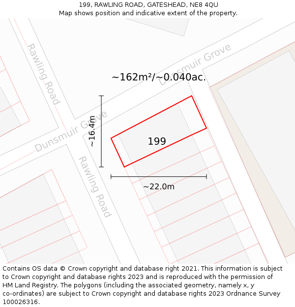 199, RAWLING ROAD, GATESHEAD, NE8 4QU: Plot and title map