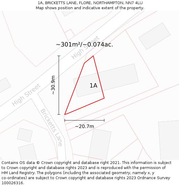 1A, BRICKETTS LANE, FLORE, NORTHAMPTON, NN7 4LU: Plot and title map
