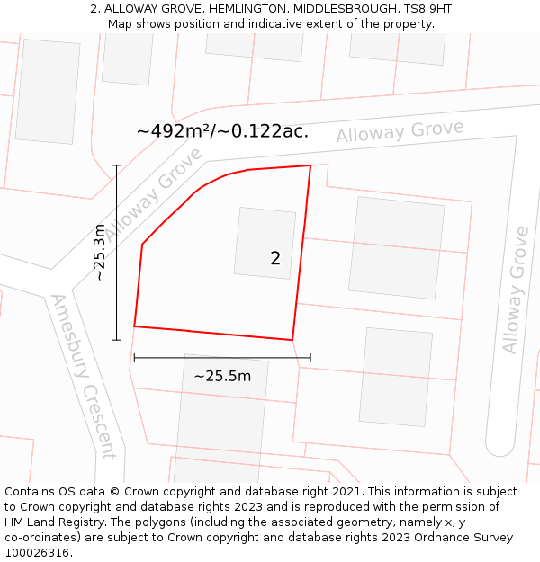 2, ALLOWAY GROVE, HEMLINGTON, MIDDLESBROUGH, TS8 9HT: Plot and title map