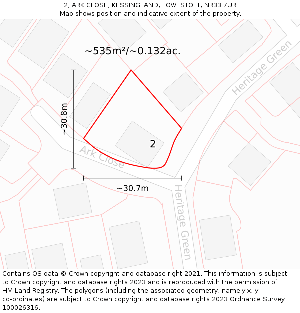 2, ARK CLOSE, KESSINGLAND, LOWESTOFT, NR33 7UR: Plot and title map
