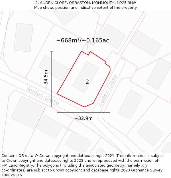 2, AUDEN CLOSE, OSBASTON, MONMOUTH, NP25 3NW: Plot and title map