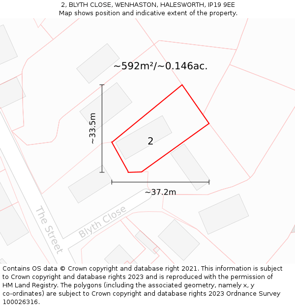 2, BLYTH CLOSE, WENHASTON, HALESWORTH, IP19 9EE: Plot and title map