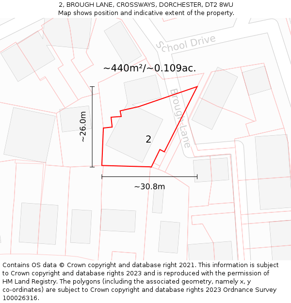 2, BROUGH LANE, CROSSWAYS, DORCHESTER, DT2 8WU: Plot and title map