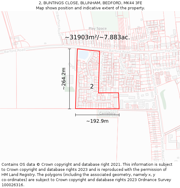 2, BUNTINGS CLOSE, BLUNHAM, BEDFORD, MK44 3FE: Plot and title map