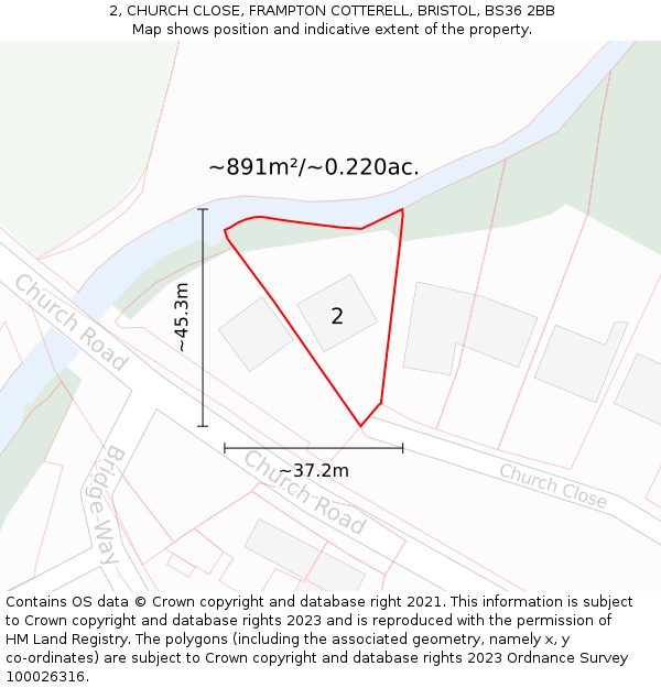 2, CHURCH CLOSE, FRAMPTON COTTERELL, BRISTOL, BS36 2BB: Plot and title map