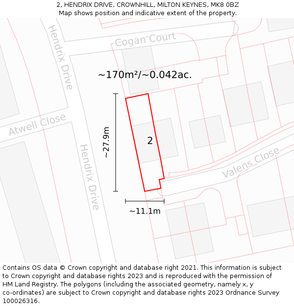 2, HENDRIX DRIVE, CROWNHILL, MILTON KEYNES, MK8 0BZ: Plot and title map