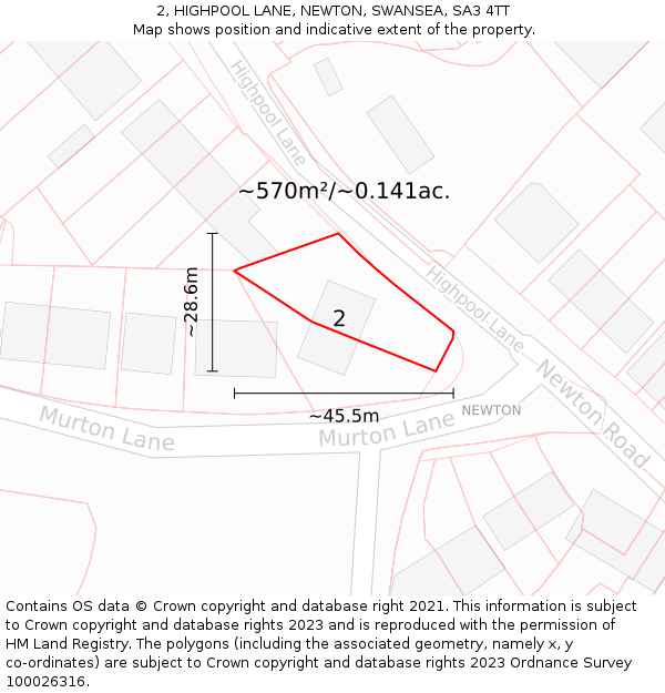 2, HIGHPOOL LANE, NEWTON, SWANSEA, SA3 4TT: Plot and title map