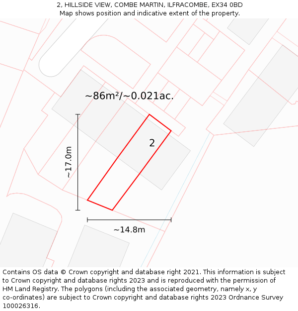 2, HILLSIDE VIEW, COMBE MARTIN, ILFRACOMBE, EX34 0BD: Plot and title map