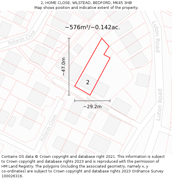 2, HOME CLOSE, WILSTEAD, BEDFORD, MK45 3HB: Plot and title map