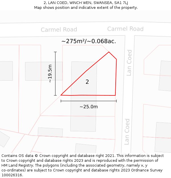 2, LAN COED, WINCH WEN, SWANSEA, SA1 7LJ: Plot and title map