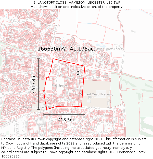 2, LANGTOFT CLOSE, HAMILTON, LEICESTER, LE5 1WP: Plot and title map
