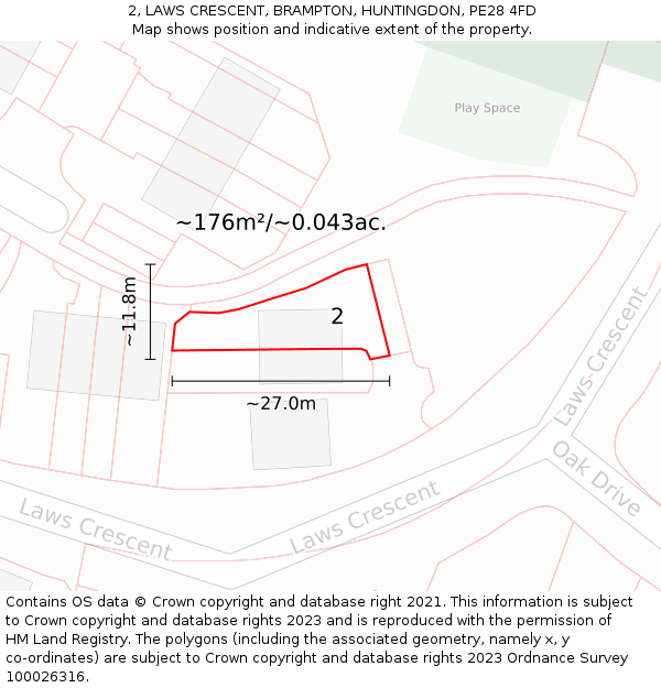 2, LAWS CRESCENT, BRAMPTON, HUNTINGDON, PE28 4FD: Plot and title map