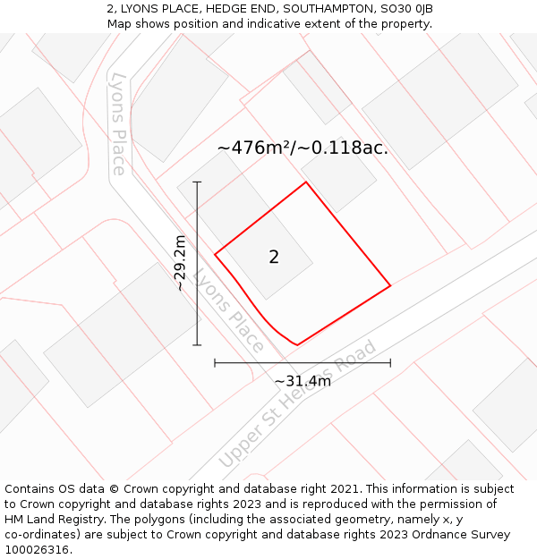 2, LYONS PLACE, HEDGE END, SOUTHAMPTON, SO30 0JB: Plot and title map