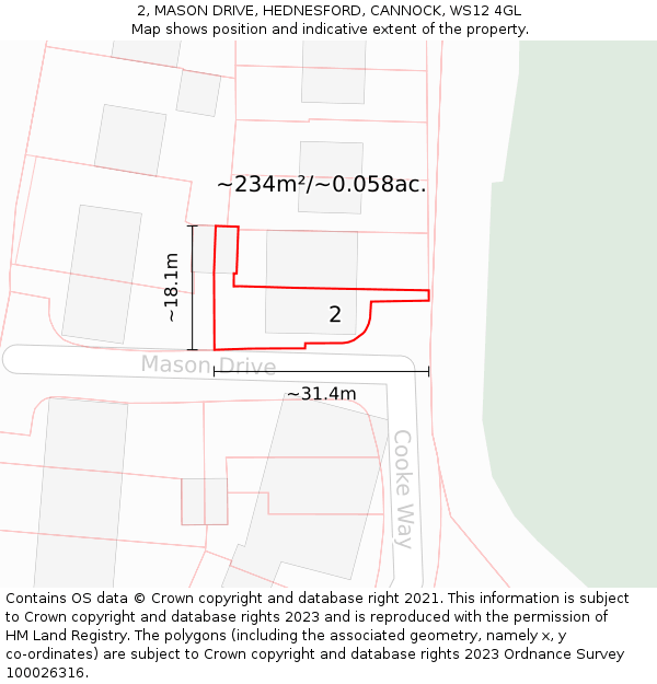 2, MASON DRIVE, HEDNESFORD, CANNOCK, WS12 4GL: Plot and title map
