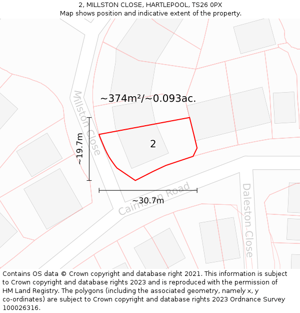2, MILLSTON CLOSE, HARTLEPOOL, TS26 0PX: Plot and title map