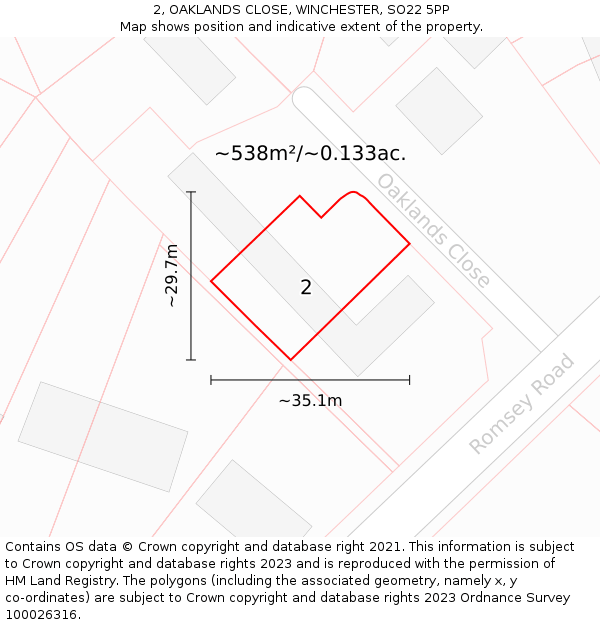 2, OAKLANDS CLOSE, WINCHESTER, SO22 5PP: Plot and title map