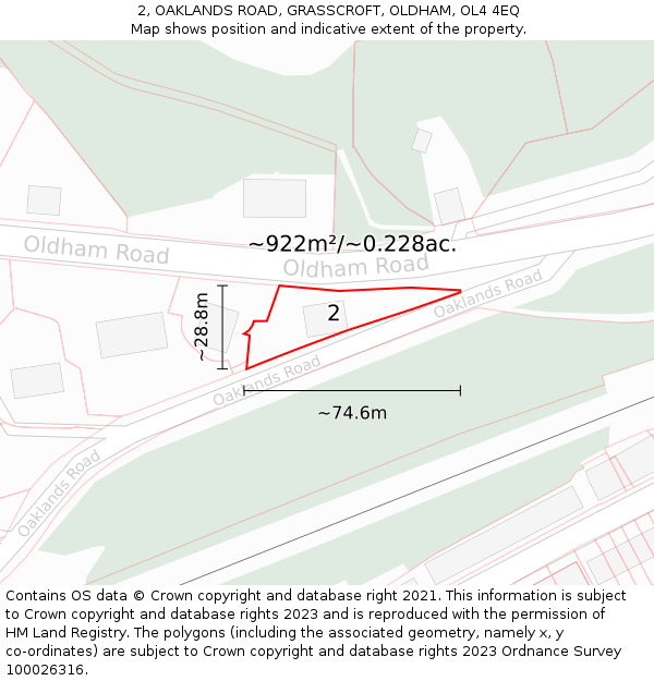 2, OAKLANDS ROAD, GRASSCROFT, OLDHAM, OL4 4EQ: Plot and title map