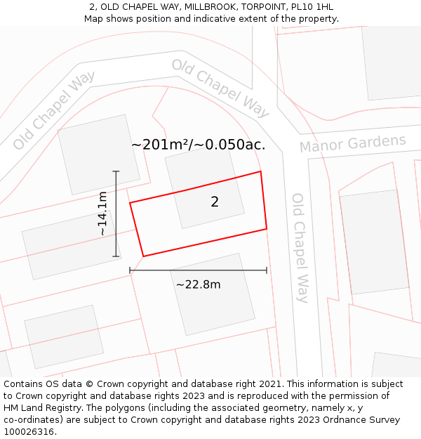 2, OLD CHAPEL WAY, MILLBROOK, TORPOINT, PL10 1HL: Plot and title map