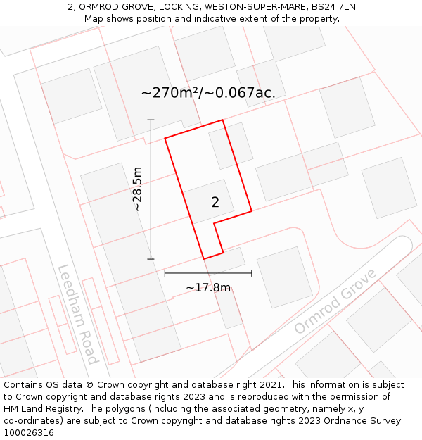 2, ORMROD GROVE, LOCKING, WESTON-SUPER-MARE, BS24 7LN: Plot and title map