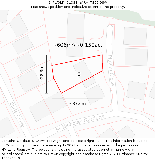 2, PLAYLIN CLOSE, YARM, TS15 9SW: Plot and title map