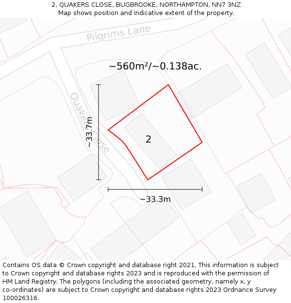 2, QUAKERS CLOSE, BUGBROOKE, NORTHAMPTON, NN7 3NZ: Plot and title map