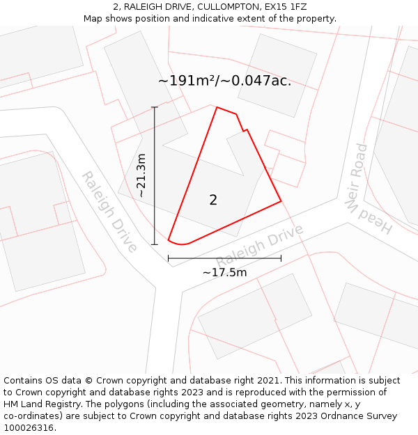 2, RALEIGH DRIVE, CULLOMPTON, EX15 1FZ: Plot and title map