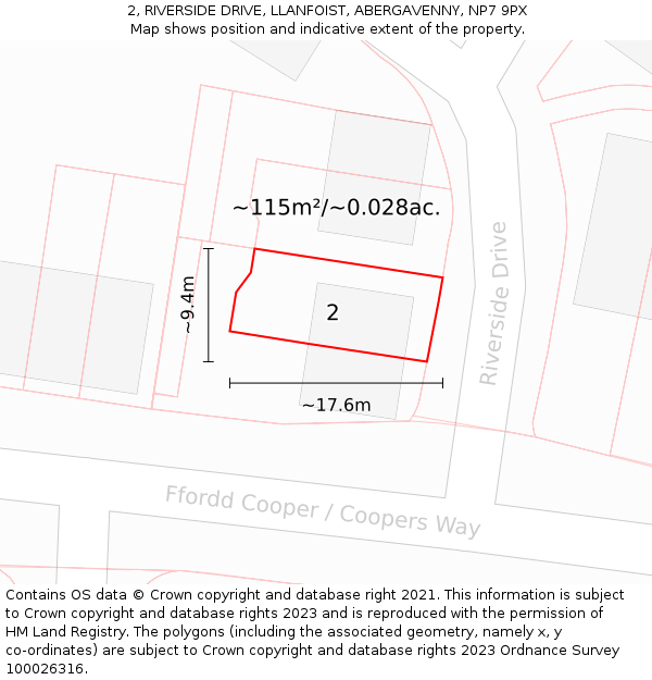 2, RIVERSIDE DRIVE, LLANFOIST, ABERGAVENNY, NP7 9PX: Plot and title map
