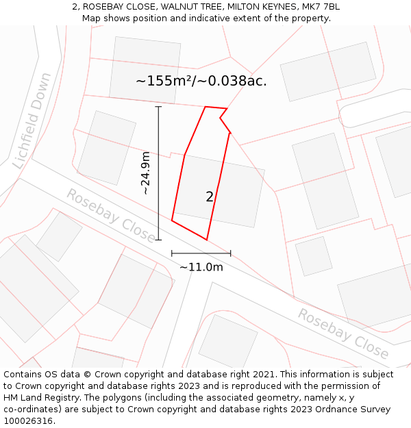 2, ROSEBAY CLOSE, WALNUT TREE, MILTON KEYNES, MK7 7BL: Plot and title map